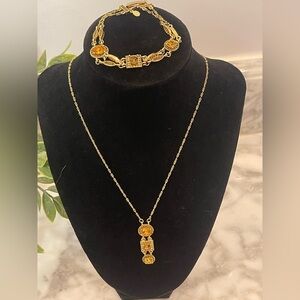 Vintage Premier Designs Necklace And Bracelet Set Gold Amber Color Stones